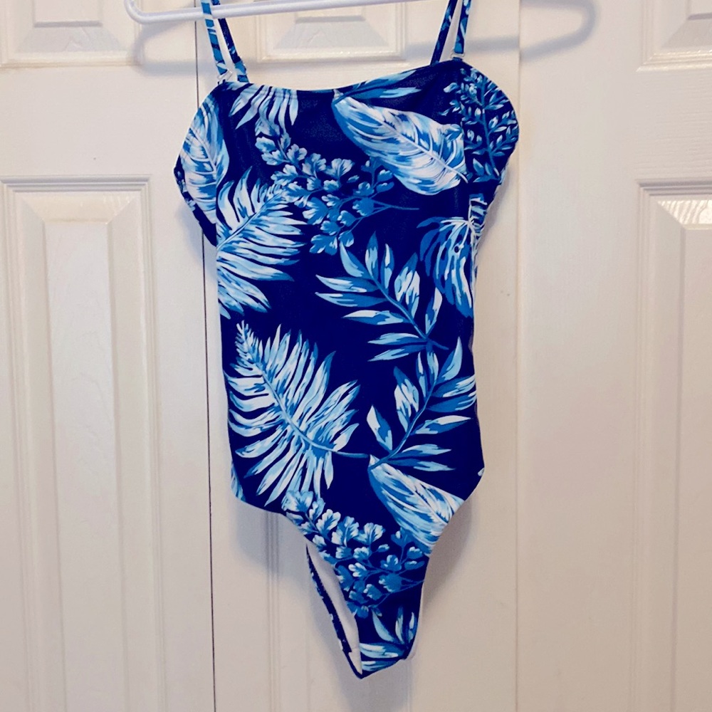 Blue Tropical Print One Piece Swimsuit- Removable Straps